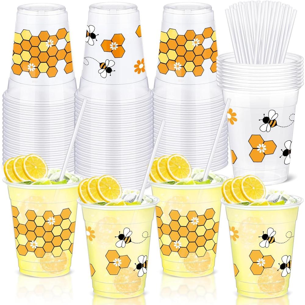 imageSliner 50 Pcs Clear Honey Cups  12 oz Disposable Drinking Cups with Straws  Bee Theme Party Favors for Kitchen Baby Shower