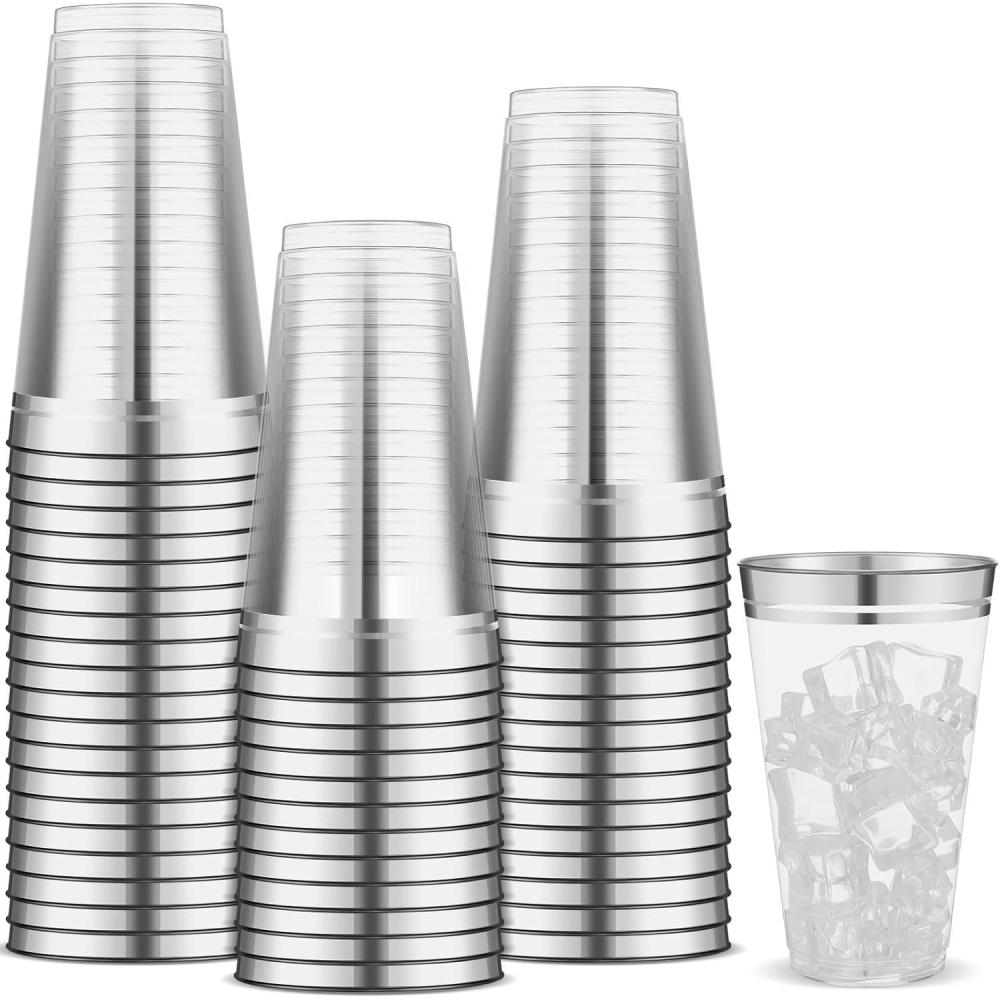 imageSliner 50 Pcs Hard Plastic Cups Double Rimmed Plastic Cups Heavy Duty Fancy Disposable Wine Glasses for Holiday Wedding Graduation Birthdays Christmas Valentine Parties16 OzRose GoldSilver