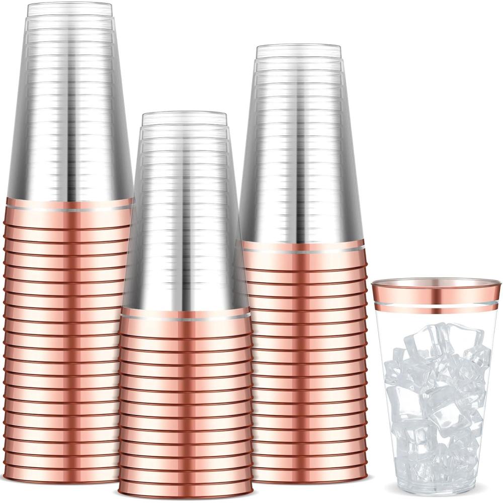 imageSliner 50 Pcs Hard Plastic Cups Double Rimmed Plastic Cups Heavy Duty Fancy Disposable Wine Glasses for Holiday Wedding Graduation Birthdays Christmas Valentine Parties16 OzRose GoldRose Gold