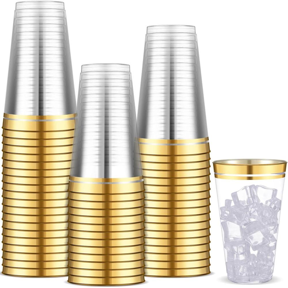imageSliner 50 Pcs Hard Plastic Cups Double Rimmed Plastic Cups Heavy Duty Fancy Disposable Wine Glasses for Holiday Wedding Graduation Birthdays Christmas Valentine Parties16 OzRose GoldGold