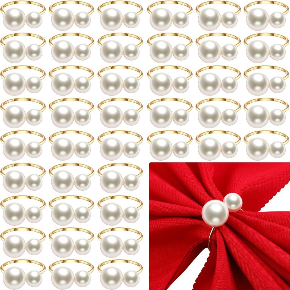 imageSliner 50 Pcs Pearl Napkin Rings Set Gold Napkin Ring Holders Delicate Serviette Ring Buckle for Wedding Thanksgiving Christmas Family Gathering Birthday Banquet Party Table Supplies Stylish StyleSimple Style