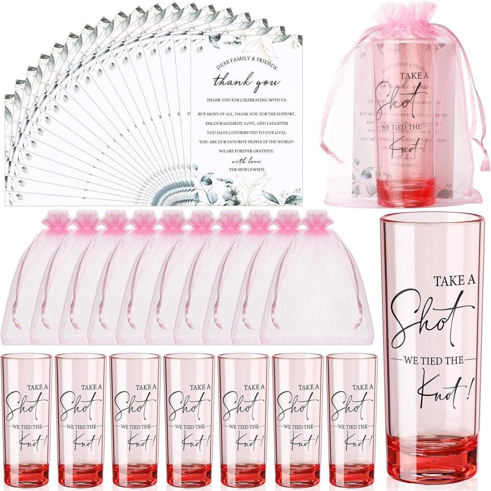 imageSliner 50 Set Wedding Favors for Guests Bulk 2oz Acrylic Take a Shot We Tied the Knot Shot Glasses with Thank You Cards Organza Bags for Guest Souvenirs Wedding Gifts Newlyweds Bridal Shower PartyPink
