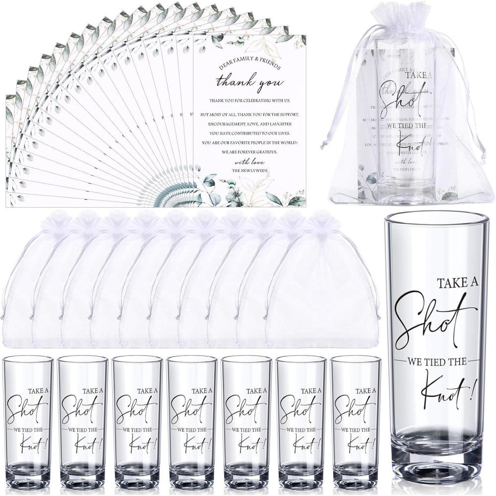 imageSliner 50 Set Wedding Favors for Guests Bulk 2oz Acrylic Take a Shot We Tied the Knot Shot Glasses with Thank You Cards Organza Bags for Guest Souvenirs Wedding Gifts Newlyweds Bridal Shower PartyClear  Black