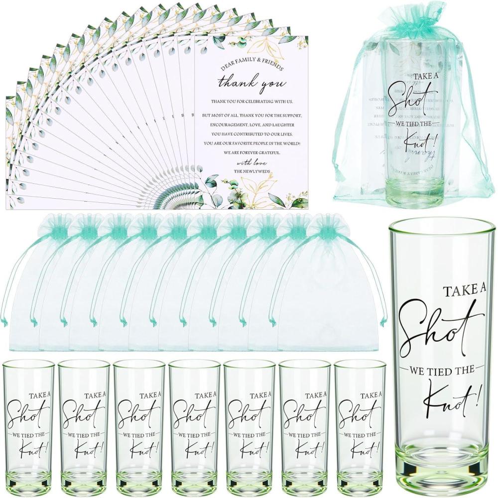 imageSliner 50 Set Wedding Favors for Guests Bulk 2oz Acrylic Take a Shot We Tied the Knot Shot Glasses with Thank You Cards Organza Bags for Guest Souvenirs Wedding Gifts Newlyweds Bridal Shower PartySage Green  Black