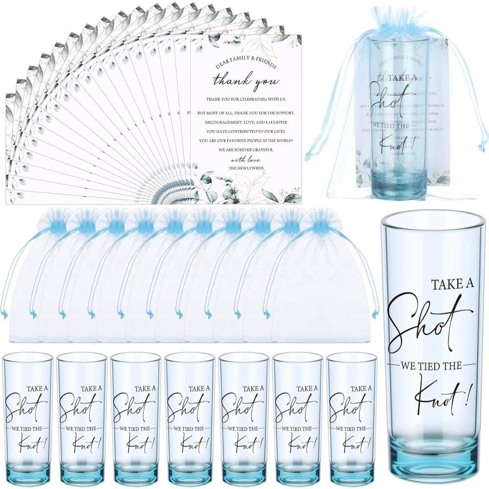 imageSliner 50 Set Wedding Favors for Guests Bulk 2oz Acrylic Take a Shot We Tied the Knot Shot Glasses with Thank You Cards Organza Bags for Guest Souvenirs Wedding Gifts Newlyweds Bridal Shower PartyBlue  Black