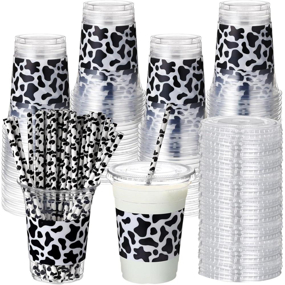 imageSliner 50 Sets Plastic Cups Disposable with Lids and Paper Straws 16 oz Clear Drinking Cups for Xmas Checkered Flag Cow Print Themed Holiday Birthday PartyCheckered Racing StyleCow Style