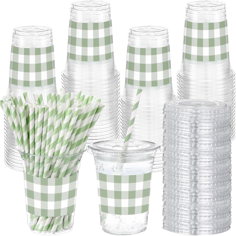 imageSliner 50 Sets Plastic Cups Disposable with Lids and Paper Straws 16 oz Clear Drinking Cups for Xmas Checkered Flag Cow Print Themed Holiday Birthday PartyCheckered Racing StyleGingham Style