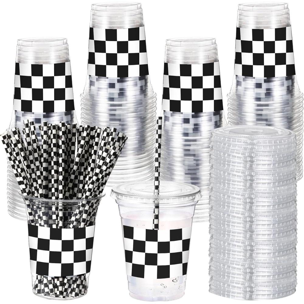 imageSliner 50 Sets Plastic Cups Disposable with Lids and Paper Straws 16 oz Clear Drinking Cups for Xmas Checkered Flag Cow Print Themed Holiday Birthday PartyCheckered Racing StyleCheckered Racing Style