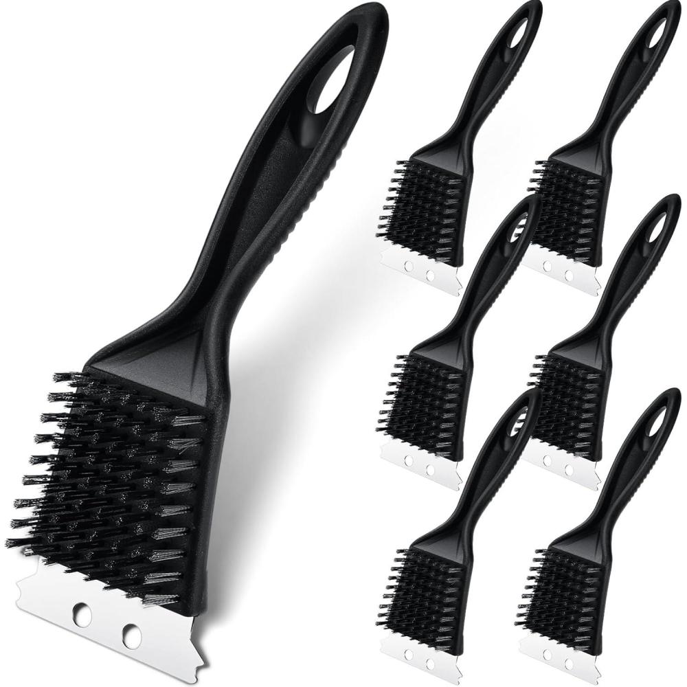 imageSliner 6 Pcs 8 Inch Grill Brush with Scrap Black Scrubbing Stainless Steel Wire Grill Cleaner Brush BBQ Accessories for Indoor Outdoor Grate Remove Grease Burnt Food