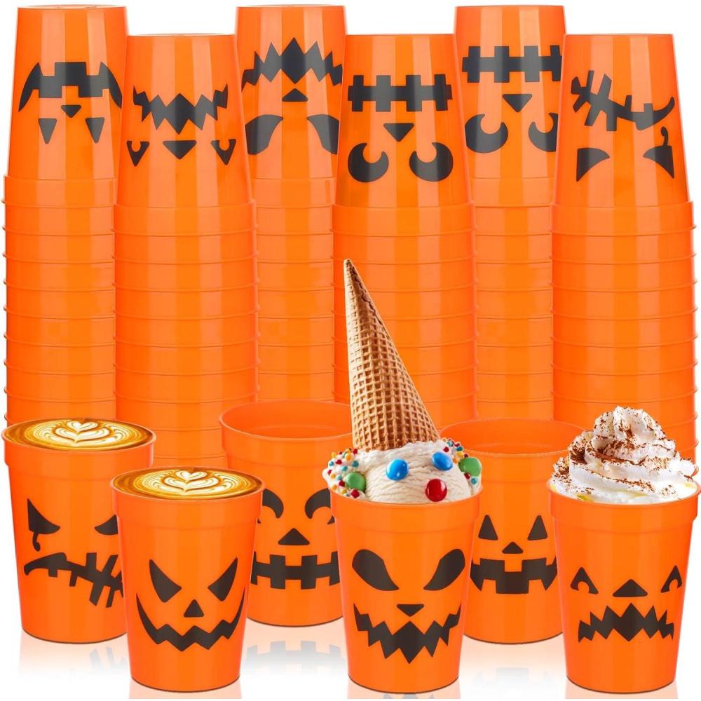 imageSliner 60 Pieces Halloween Jack O Lantern Cups 12 oz Plastic Scary Printed Pumpkin Design Cup Reusable Orange Cute Halloween Party Supplies for Liquor Juice Hot Cold Drinks Coffee Kitchen Adult Kids