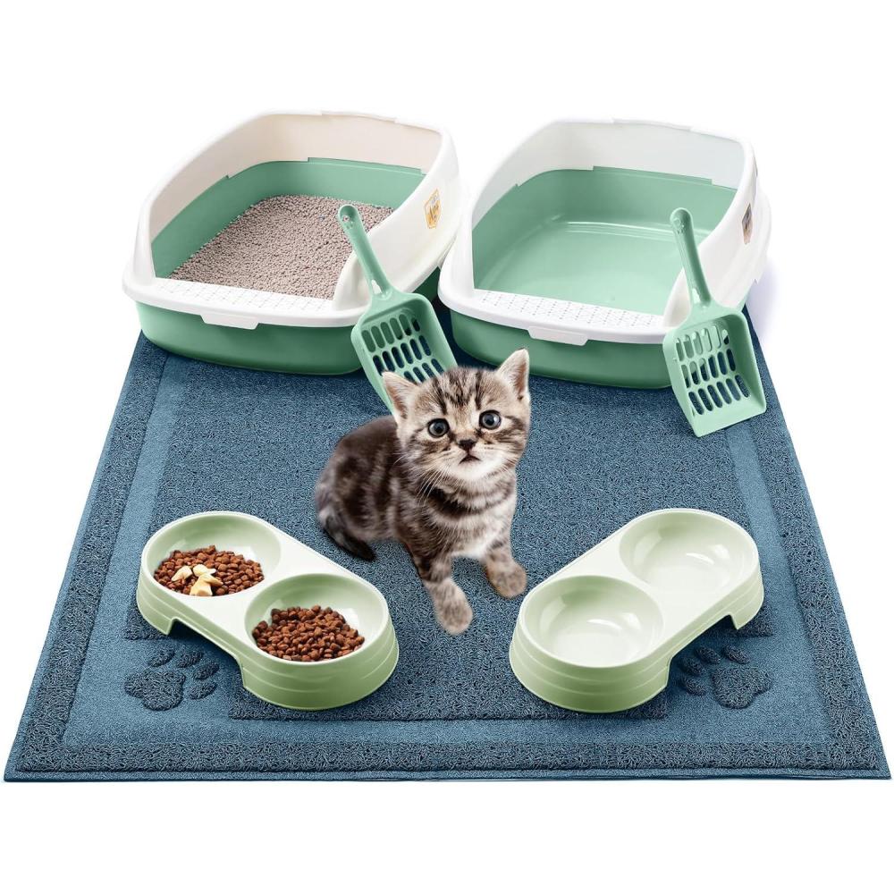 imageSliner 7 Pcs Kitten Litter Box Starter Kit 2 Plastic Small Kitty Litter Box Training Low Entry with Scoop 2 Double Cat Bowl and Mat for Kitten IndoorBlueGreen