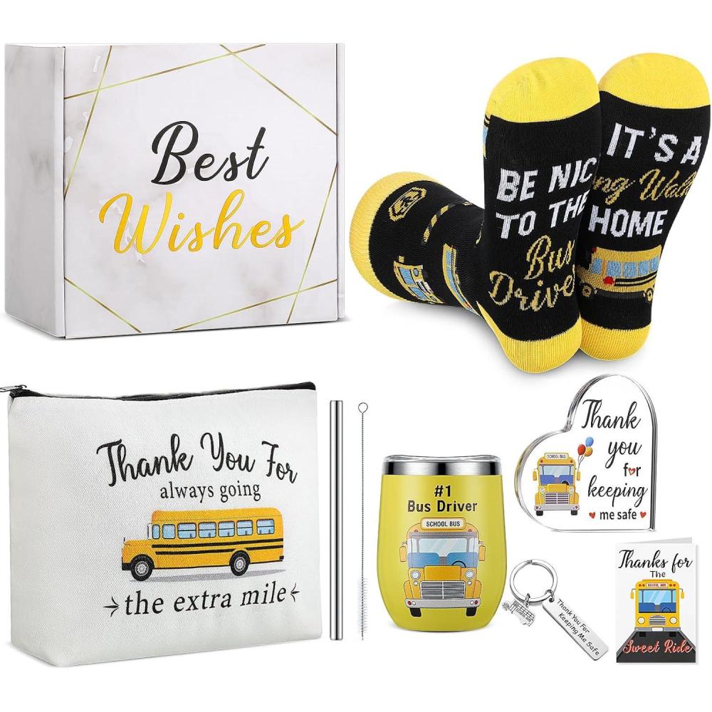 imageSliner 7 Pcs School Bus Driver Appreciation Gifts for Women Men Stainless Steel Tumbler Keychain Sock Makeup Bag Acrylic Sign Blessing Card BoxBus Driver