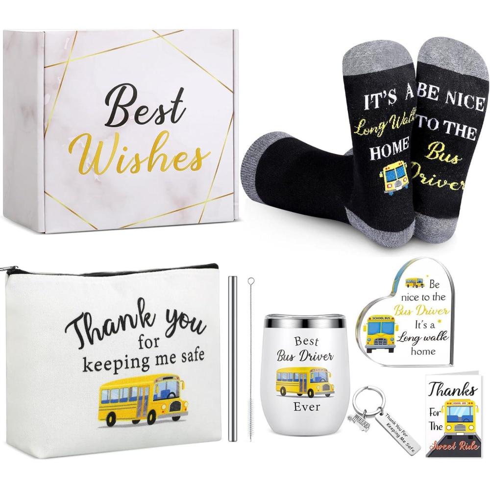 imageSliner 7 Pcs School Bus Driver Appreciation Gifts for Women Men Stainless Steel Tumbler Keychain Sock Makeup Bag Acrylic Sign Blessing Card BoxSchool Bus Driver