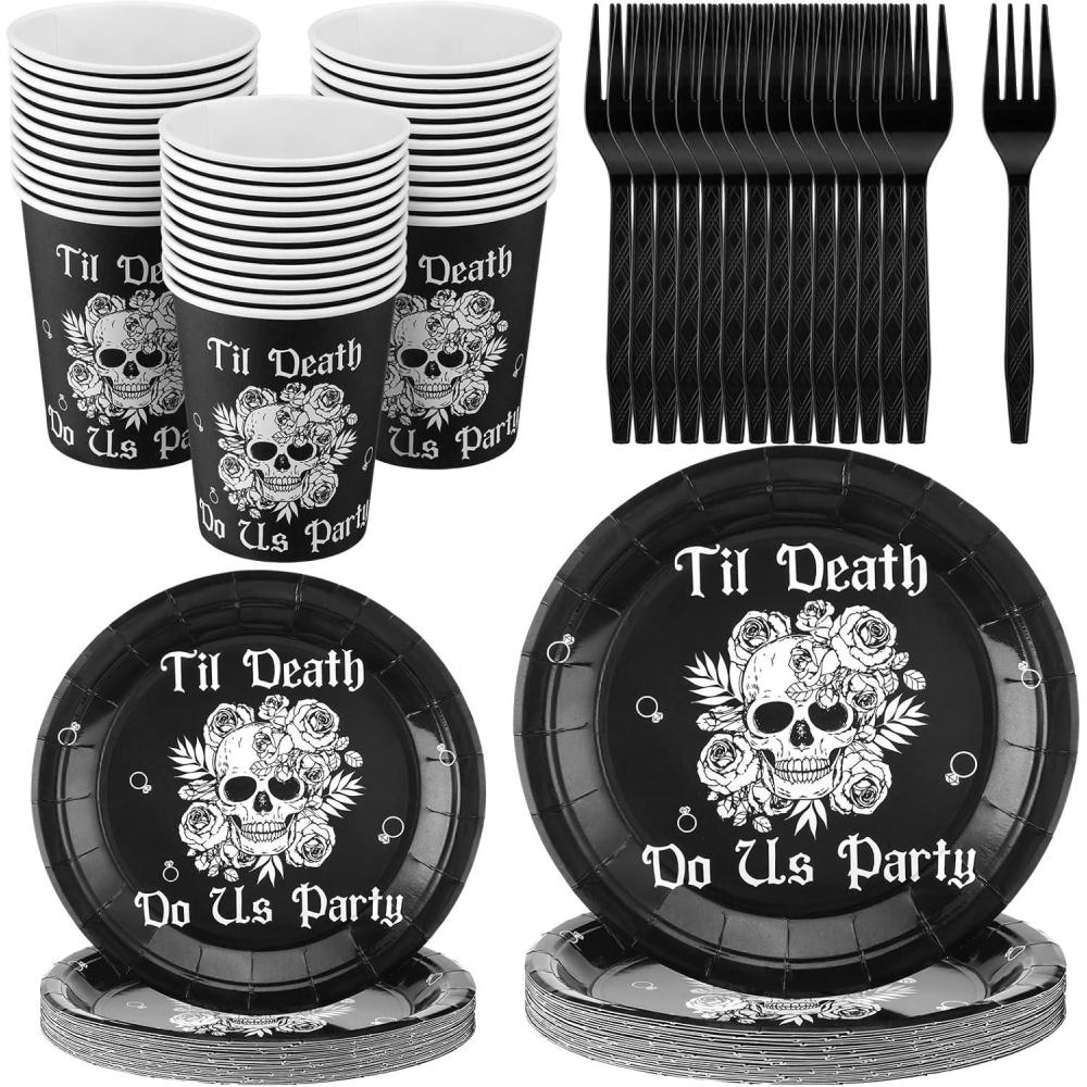 imageSliner 96 Pcs Bride or Die Bachelorette Party Decorations Til Death Do Us Party Supplies Skull Gothic Bachelorette Bridal Shower Plates and Napkins Disposable Tableware Set Serves 24 Guests