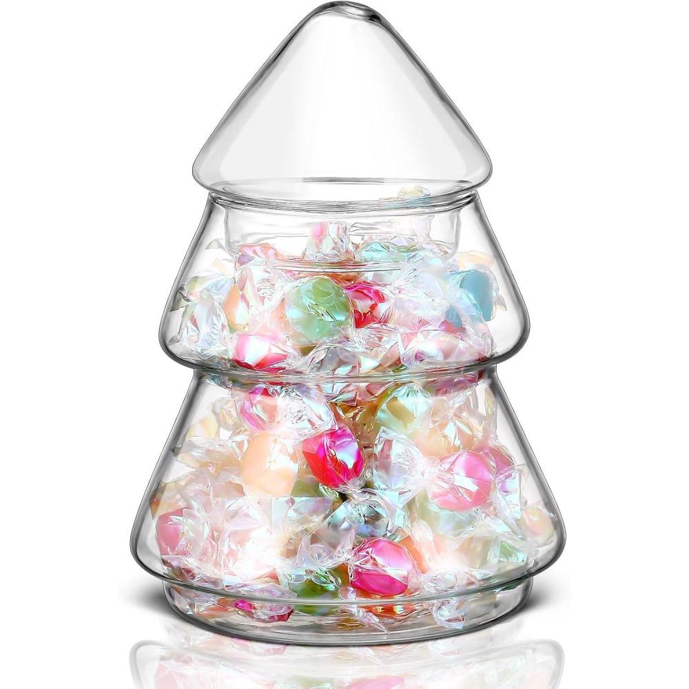 imageSliner Christmas Tree Candy Jars Glass Cookie Jars with Lids Lovely Christmas Tree Jar Bowl Food Storage Container for Xmas Festival Holiday Party Gift Table Decoration Green1181 x 63 InchClear