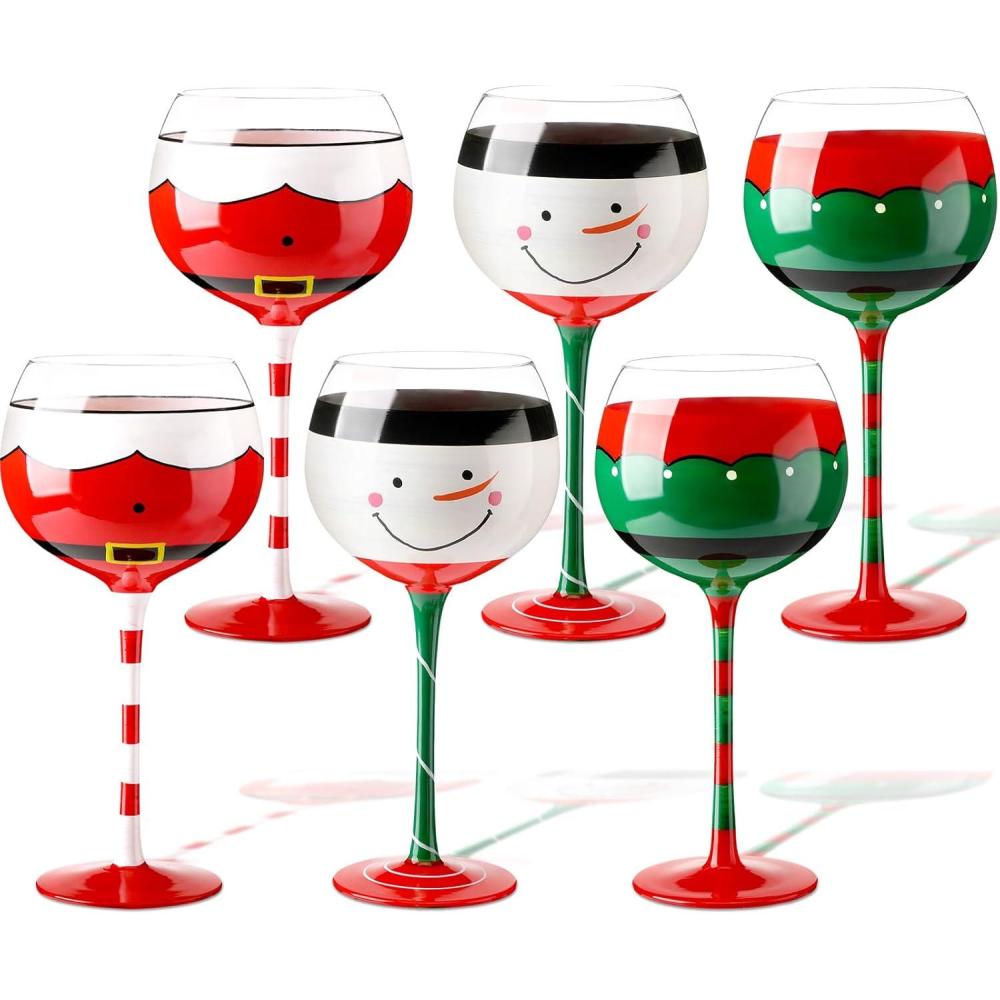imageSliner Christmas Wine Glasses 186 Oz Set of 6 Festive Santa Belt Snowman Drinking Goblets Cups with Stem Red Green White Colored Painted Winter Glassware for Xmas Holiday Wine Glass Gift