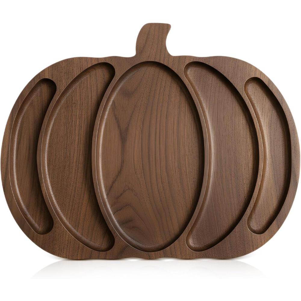 imageSliner Halloween Pumpkin Wooden Serving Platter 15quot L x 12quot W Wood Pumpkin Shaped Charcuterie Board Snack Cheese Cutting Board Sectional Fall Dish Plate for Home GiftsBrownBlack Walnut Color