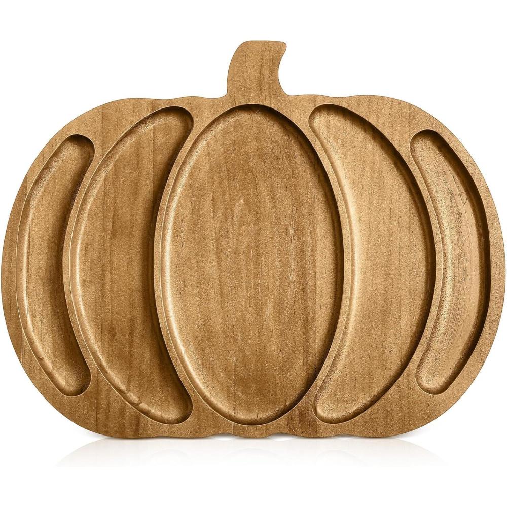 imageSliner Halloween Pumpkin Wooden Serving Platter 15quot L x 12quot W Wood Pumpkin Shaped Charcuterie Board Snack Cheese Cutting Board Sectional Fall Dish Plate for Home GiftsBrownWalnut Color