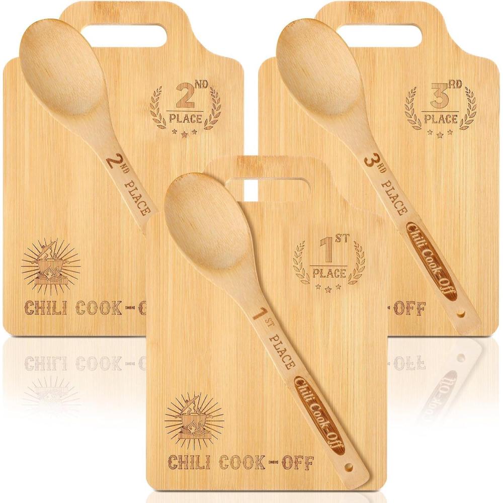 imageSliner Set of 3 Chili Cook off Prizes Wooden Cutting Boards with Handle Spoon Chili Cook off Trophies Awards 1st 2nd 3rd Place Competition Gifts for Men Women Festivals Decorations