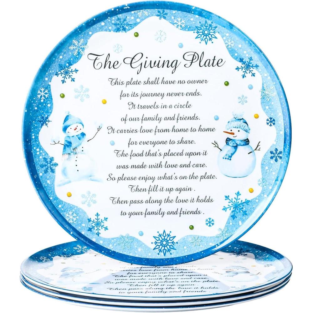 imageSliner Set of 4 Christmas Giving Plates 10 x 10 Inch Snowman Plates with Snow Trim and Warm Words Holiday Decorative Plate for Sharing Love and Treats Xmas Gifts