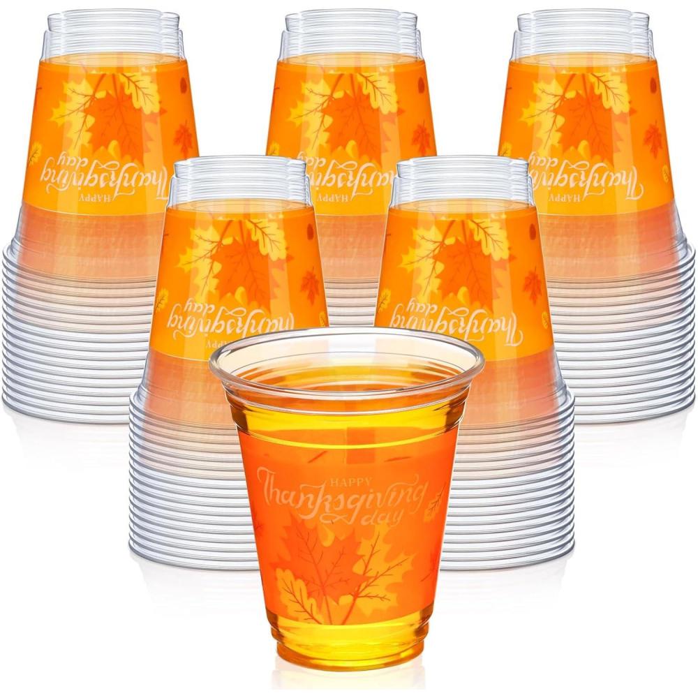 imageSliner Thanksgiving Disposable Plastic Cups Thanksgiving Autumn Fall Leaves Clear Plastic Cups with Maple Leaf Pattern for Holiday Party Harvest Beverage Drinks Cup Wedding Supplies12oz 60 Pcs30