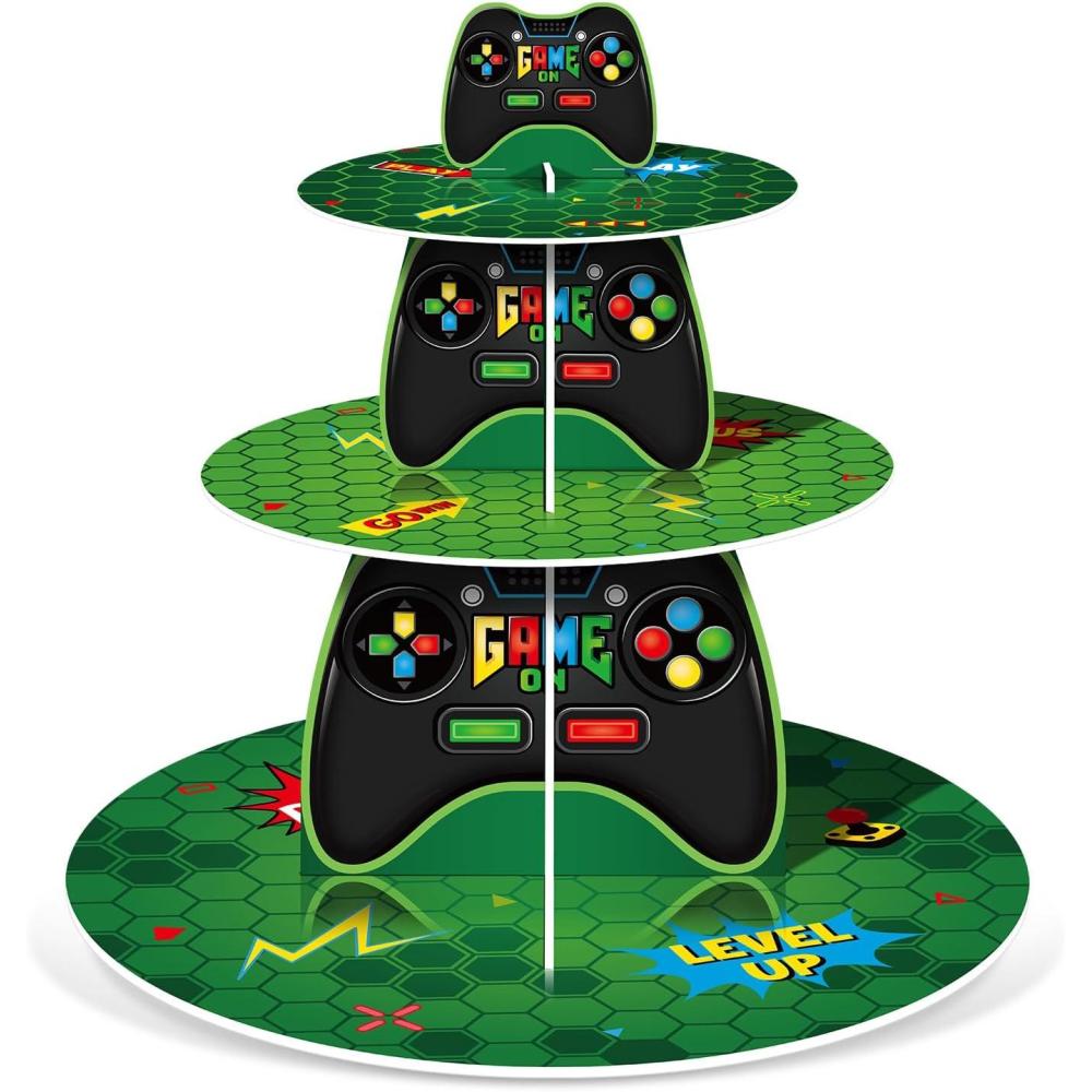 imageSliner Video Game Cupcake Stand Party Decorations 3 Tier Cardboard Gamer Cake Stand Holder Gaming Theme Dessert Tower Tray for Boy Girl Player Birthday Video Game Party Supplies Decoration