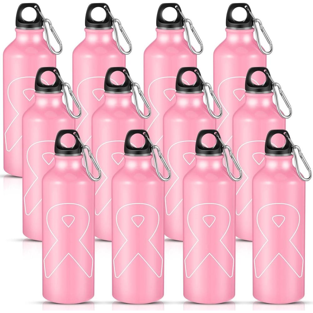 imageTticai 12 Pieces Breast Cancer Awareness Aluminum Water Bottle Pink Ribbon Bike Water Bottle Reusable Bottles Leak Proof Lightweight Portable Bottles for Marathon Running20 oz