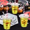 Sliner 100 Sets 12 oz Happy Halloween Cups Clear Plastic Disposable Cups with Lids and Paper Straws Halloween Party Supplies for Party Coffee Beer Beverage Ice Cream Snack Candy