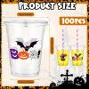 Sliner 100 Sets 12 oz Happy Halloween Cups Clear Plastic Disposable Cups with Lids and Paper Straws Halloween Party Supplies for Party Coffee Beer Beverage Ice Cream Snack Candy