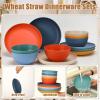 Sliner 12 Pcs Wheat Straw Dinnerware Sets Plates and Bowls, 6 Pcs 9 Inch Dinner Plates 6 Pcs 28 oz Unbreakable Cereal Bowls Lightweight Reusable Plastic Dinnerware Dishwasher Microwave Safe, 6 Color