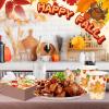 Sliner 180 Pcs Fall Party Plates and Napkins, Fall Party Supplies Include Paper Plates Napkins Cups Fork Disposable Tableware Set for Autumn Thanksgiving Decorations, Serves 30(Blue Car Pumpkin)(Leaves)