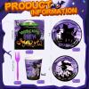 Sliner 180 Pcs Halloween Party Supplies Plates Napkins Cups Serve 30 Halloween Disposable Paper Dinner Dessert Plates Spooky Napkins Cocktail Beverage Cups Plastic Fork Set (Multicolor,Cute Style)(Purple)