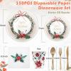 Sliner 350 Pcs Christmas Paper Plates and Napkins Set Disposable Xmas Tableware Dinnerware Party Supplies Includes 100 Paper Plates 50 Cups 50 Napkins 50 Sets Knives Forks and Spoons for 50 guests(Classic Colors)