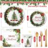 Sliner 350 Pcs Christmas Paper Plates and Napkins Set Disposable Xmas Tableware Dinnerware Party Supplies Includes 100 Paper Plates 50 Cups 50 Napkins 50 Sets Knives Forks and Spoons for 50 guests(Cheerful Colors)