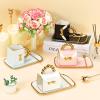 Sliner 4 Sets Coffee Mug Handbag Shaped Ceramic Tea Cup with Saucer Spoon 10 Oz/ 310 ml Purse Gift Mug for Office Home Coffee Tea Hot Chocolate Cappuccino(Classic)(Stylish)