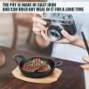 Sliner 4 Sets Mini Cast Iron Skillet Small Cast Iron Plates Skillet with Wooden Base Small Round Pan Fajita Plate Pot for Baking Cooking(6.3 Inches)(3.9 Inch)