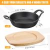 Sliner 4 Sets Mini Cast Iron Skillet Small Cast Iron Plates Skillet with Wooden Base Small Round Pan Fajita Plate Pot for Baking Cooking(6.3 Inches)(4.9 Inches)