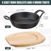 Sliner 4 Sets Mini Cast Iron Skillet Small Cast Iron Plates Skillet with Wooden Base Small Round Pan Fajita Plate Pot for Baking Cooking(6.3 Inches)(6.3 Inches)