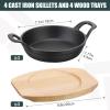 Sliner 4 Sets Mini Cast Iron Skillet Small Cast Iron Plates Skillet with Wooden Base Small Round Pan Fajita Plate Pot for Baking Cooking(6.3 Inches)(7.1 Inches)