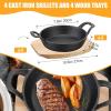 Sliner 4 Sets Mini Cast Iron Skillet Small Cast Iron Plates Skillet with Wooden Base Small Round Pan Fajita Plate Pot for Baking Cooking(6.3 Inches)(7.9 Inches)
