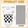Sliner 50 Sets Plastic Cups Disposable with Lids and Paper Straws 16 oz Clear Drinking Cups for Xmas Checkered Flag Cow Print Themed Holiday Birthday Party(Checkered Racing Style)(Checkered Racing Style)
