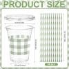 Sliner 50 Sets Plastic Cups Disposable with Lids and Paper Straws 16 oz Clear Drinking Cups for Xmas Checkered Flag Cow Print Themed Holiday Birthday Party(Checkered Racing Style)(Gingham Style)