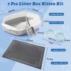 Sliner 7 Pcs Kitten Litter Box Starter Kit, 2 Plastic Small Kitty Litter Box Training Low Entry with Scoop, 2 Double Cat Bowl and Mat for Kitten Indoor(Blue)(Gray)