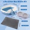 Sliner 7 Pcs Kitten Litter Box Starter Kit, 2 Plastic Small Kitty Litter Box Training Low Entry with Scoop, 2 Double Cat Bowl and Mat for Kitten Indoor(Blue)(Blue)