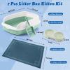 Sliner 7 Pcs Kitten Litter Box Starter Kit, 2 Plastic Small Kitty Litter Box Training Low Entry with Scoop, 2 Double Cat Bowl and Mat for Kitten Indoor(Blue)(Green)