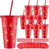 Sliner 10 Pcs Christmas Plastic Cups with Lid and Straw 24oz Reusable Christmas Plastic Cups Thick Xmas Party Drinking Tumblers for Iced Coffee Xmas Party Supplies(Red, Gold)(Red  Gold)
