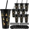 Sliner 10 Pcs Christmas Plastic Cups with Lid and Straw 24oz Reusable Christmas Plastic Cups Thick Xmas Party Drinking Tumblers for Iced Coffee Xmas Party Supplies(Red, Gold)(Black  Gold)