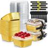 Sliner 100 Pcs 10 oz Mini Cake Pans with Lids Aluminum Foil Disposable Ramekins Mini Cake Cups with Spork Sticker Square Cupcake Cups Baking Tins for Kitchen Party Wedding Birthday(Gold Silver)(Gold Silver)