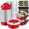 Sliner 100 Pcs 10 oz Mini Cake Pans with Lids Aluminum Foil Disposable Ramekins Mini Cake Cups with Spork Sticker Square Cupcake Cups Baking Tins for Kitchen Party Wedding Birthday(Gold Silver)(Red)