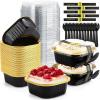Sliner 100 Pcs 10 oz Mini Cake Pans with Lids Aluminum Foil Disposable Ramekins Mini Cake Cups with Spork Sticker Square Cupcake Cups Baking Tins for Kitchen Party Wedding Birthday(Gold Silver)(Black/Gold)
